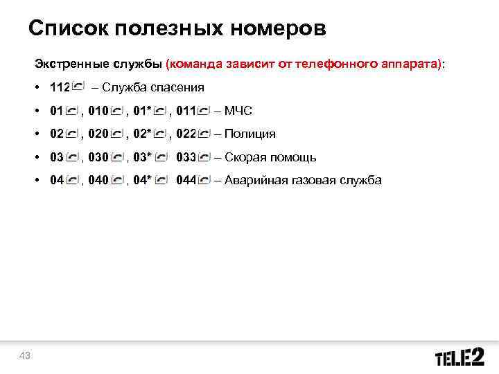 Список полезных номеров Экстренные службы (команда зависит от телефонного аппарата): • 112 – Служба