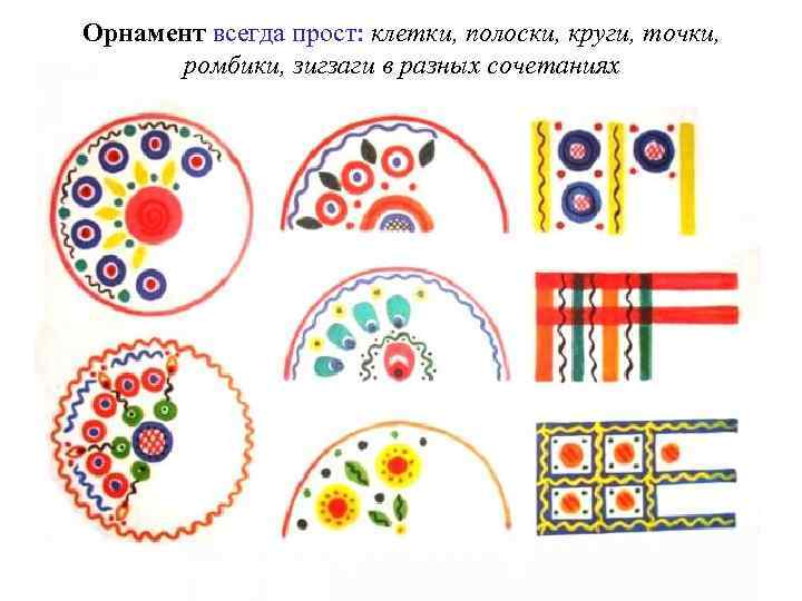 Орнамент всегда прост: клетки, полоски, круги, точки, ромбики, зигзаги в разных сочетаниях 