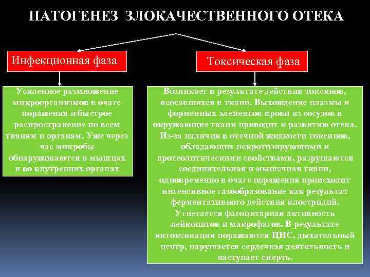 ПАТОГЕНЕЗ ЗЛОКАЧЕСТВЕННОГО ОТЕКА Инфекционная фаза Усиленное размножение микроорганизмов в очаге поражения и быстрое распространение