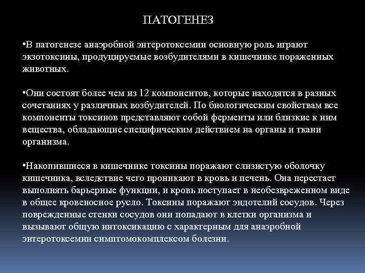 ПАТОГЕНЕЗ • В патогенезе анаэробной энтеротоксемии основную роль играют экзотоксины, продуцируемые возбудителями в кишечнике