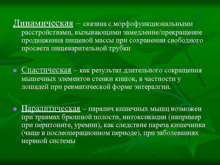 Динамическая – связана с морфофункциональными расстройствами, вызывающими замедление/прекращение продвижения пищевой массы при сохранении свободного