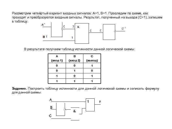 Рассмотрим четвёртый вариант входных сигналов: А=1, В=1. Проследим по схеме, как проходят и преобразуются