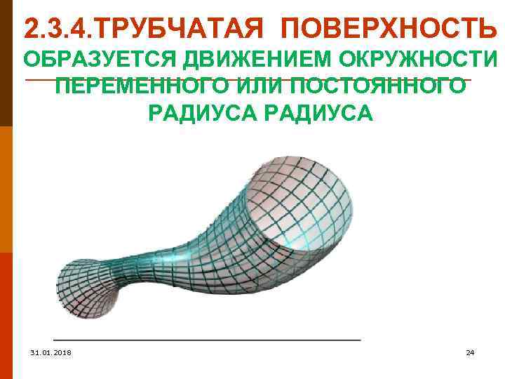 2. 3. 4. ТРУБЧАТАЯ ПОВЕРХНОСТЬ ОБРАЗУЕТСЯ ДВИЖЕНИЕМ ОКРУЖНОСТИ ПЕРЕМЕННОГО ИЛИ ПОСТОЯННОГО РАДИУСА 31. 01.