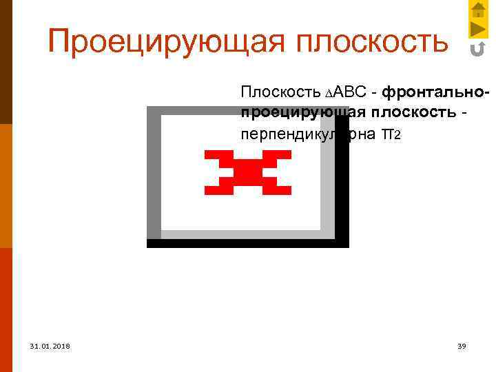 Проецирующая плоскость Плоскость АВС - фронтальнопроецирующая плоскость перпендикулярна π2 31. 01. 2018 39 