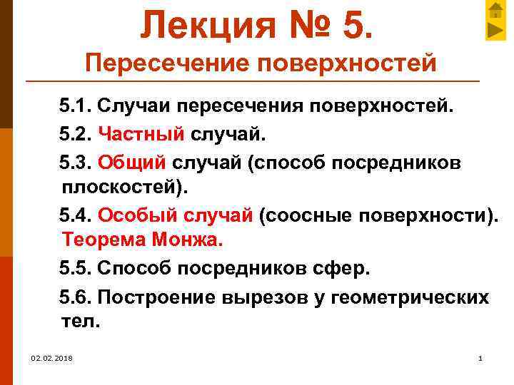 Лекция № 5. Пересечение поверхностей 5. 1. Случаи пересечения поверхностей. 5. 2. Частный случай.