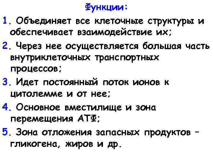 Функции: 1. Объединяет все клеточные структуры и обеспечивает взаимодействие их; 2. Через нее осуществляется