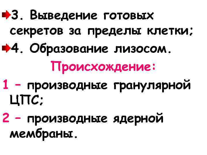3. Выведение готовых секретов за пределы клетки; 4. Образование лизосом. Происхождение: 1 – производные