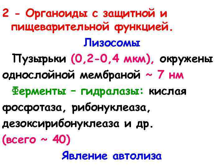2 - Органоиды с защитной и пищеварительной функцией. Лизосомы Пузырьки (0, 2 -0, 4