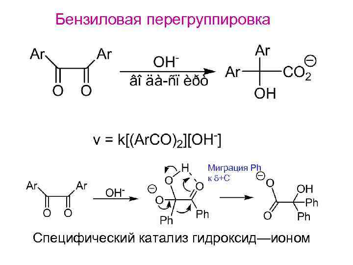 Бензиловая перегруппировка Миграция Ph к d+С Специфический катализ гидроксид—ионом 