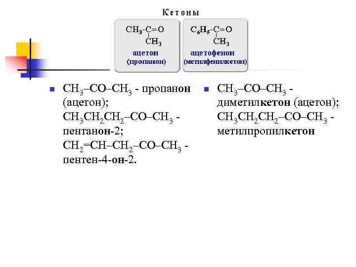 n CH 3–CO–CH 3 - пропанон (ацетон); CH 3 CH 2–CO–CH 3 - пентанон-2;