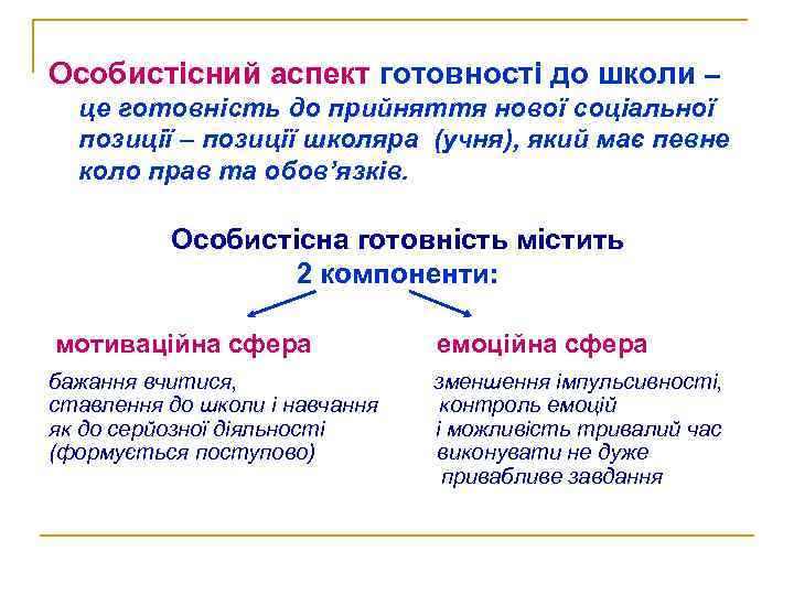 Особистісний аспект готовності до школи – це готовність до прийняття нової соціальної позиції –