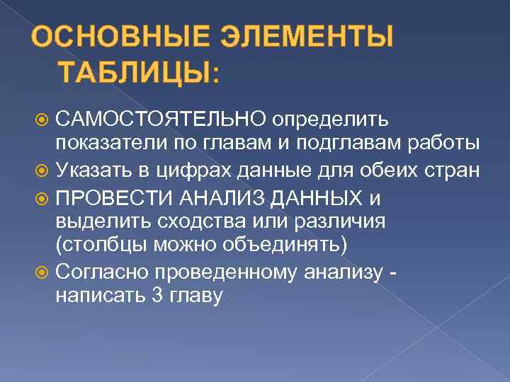 ОСНОВНЫЕ ЭЛЕМЕНТЫ ТАБЛИЦЫ: САМОСТОЯТЕЛЬНО определить показатели по главам и подглавам работы Указать в цифрах