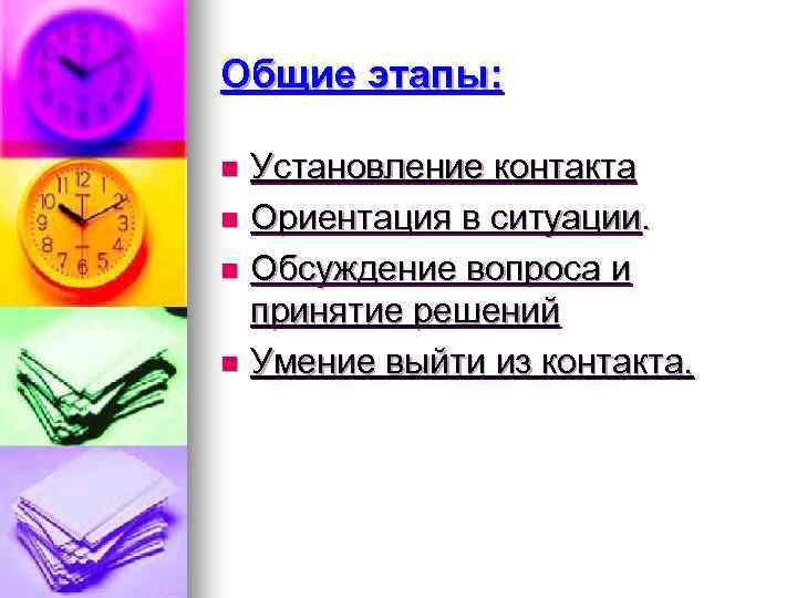 Общие этапы: Установление контакта n Ориентация в ситуации. n Обсуждение вопроса и принятие решений