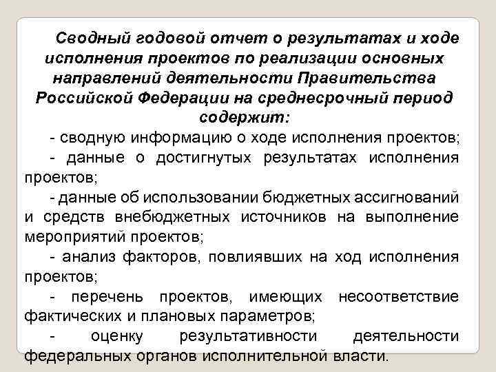 Сводный годовой отчет о результатах и ходе исполнения проектов по реализации основных направлений деятельности