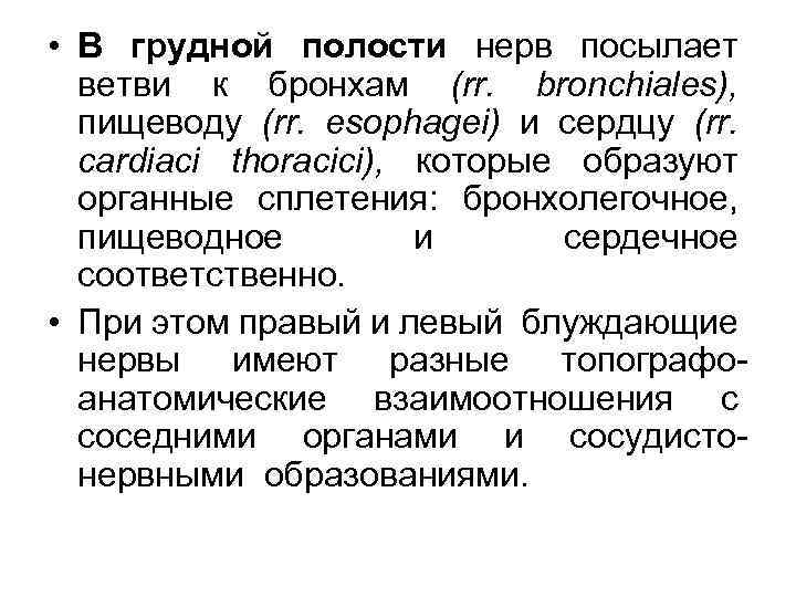  • В грудной полости нерв посылает ветви к бронхам (rr. bronchiales), пищеводу (rr.