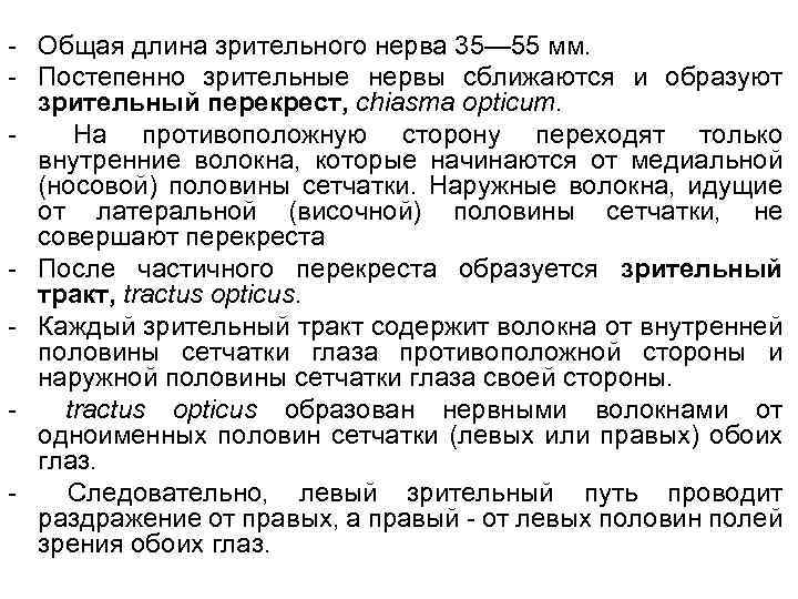 - Общая длина зрительного нерва 35— 55 мм. - Постепенно зрительные нервы сближаются и