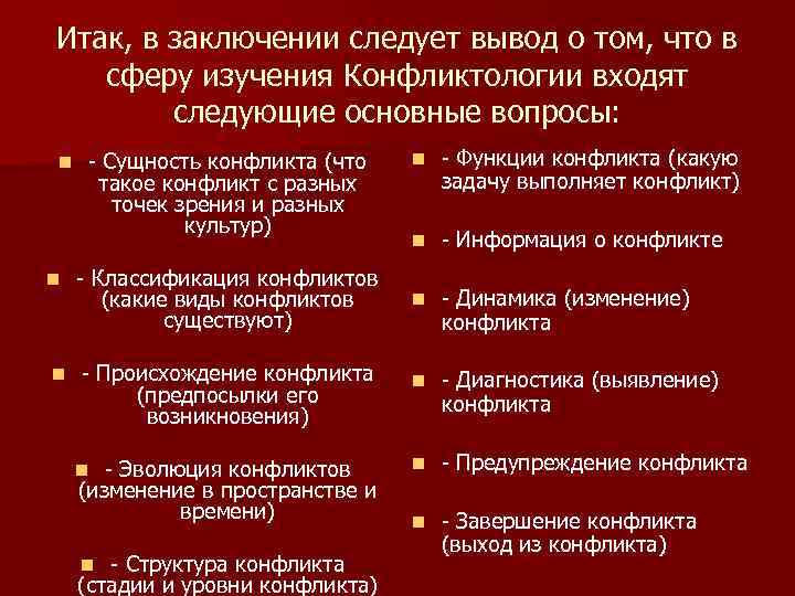 Итак, в заключении следует вывод о том, что в сферу изучения Конфликтологии входят следующие
