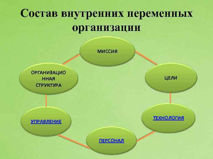 Состав внутренних переменных организации МИССИЯ ОРГАНИЗАЦИО ННАЯ СТРУКТУРА ЦЕЛИ ТЕХНОЛОГИЯ УПРАВЛЕНИЕ ПЕРСОНАЛ 