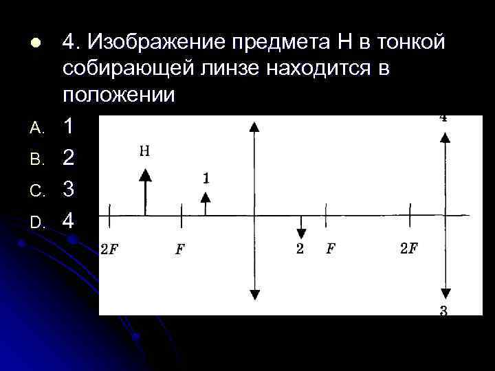 l A. B. C. D. 4. Изображение предмета Н в тонкой собирающей линзе находится