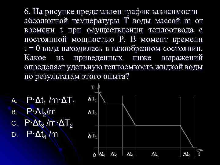 6. На рисунке представлен график зависимости абсолютной температуры T воды массой m от времени