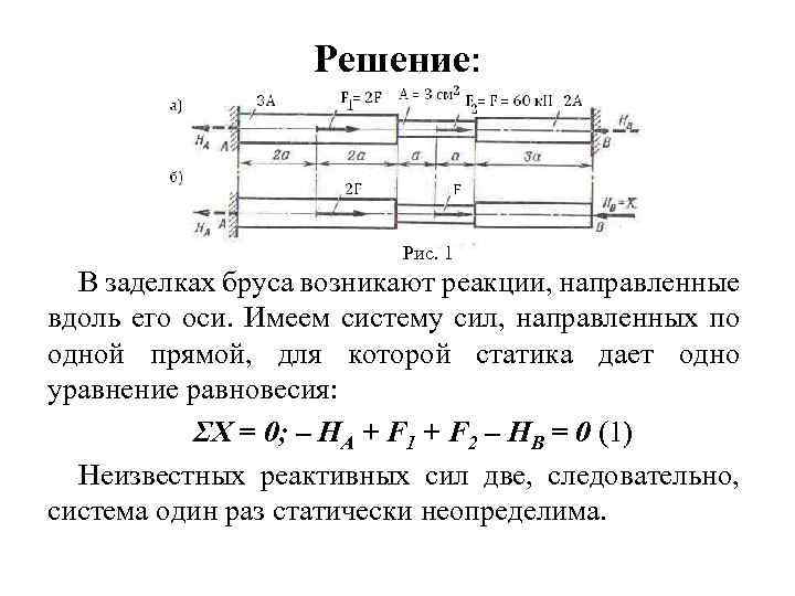 Решение: Рис. 1 В заделках бруса возникают реакции, направленные вдоль его оси. Имеем систему