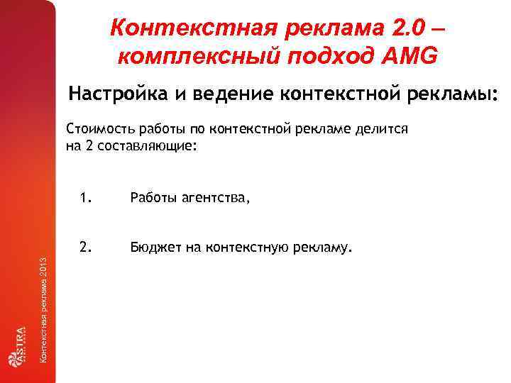 Контекстная реклама 2. 0 – комплексный подход AMG Настройка и ведение контекстной рекламы: Стоимость