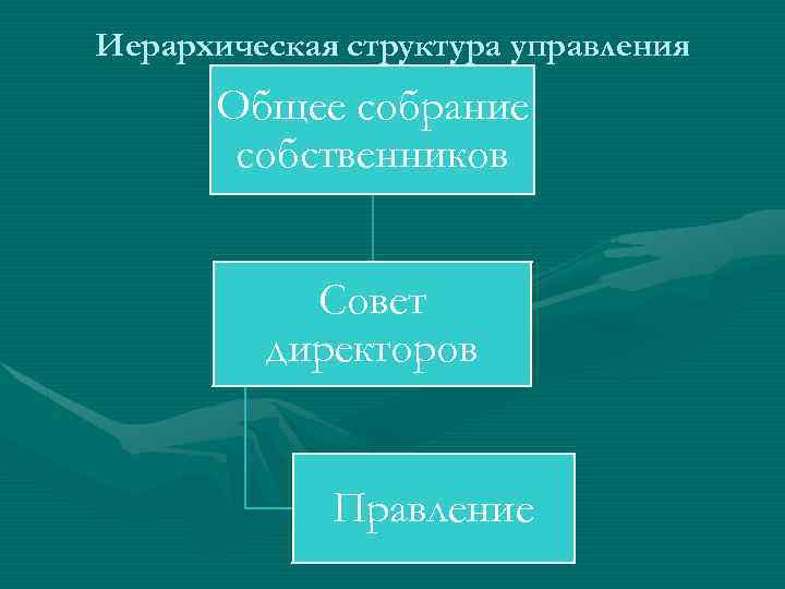 Иерархическая структура управления Общее собрание собственников Совет директоров Правление 