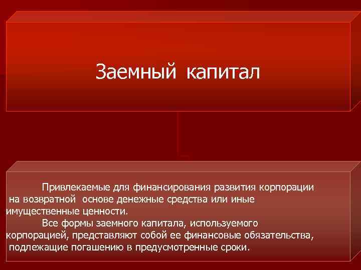 Заемный капитал Привлекаемые для финансирования развития корпорации на возвратной основе денежные средства или иные