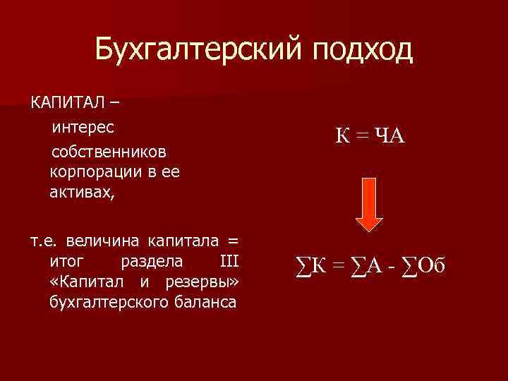 Бухгалтерский подход КАПИТАЛ – интерес собственников корпорации в ее активах, т. е. величина капитала