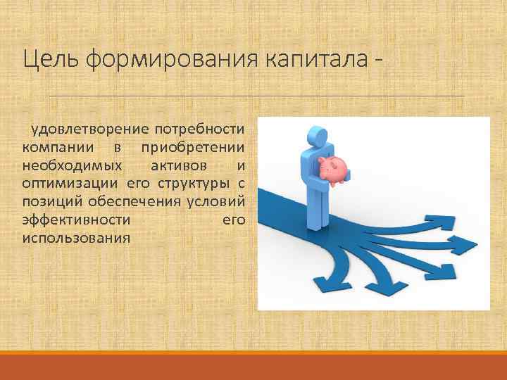Цель формирования капитала удовлетворение потребности компании в приобретении необходимых активов и оптимизации его структуры