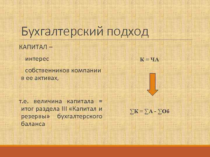 Бухгалтерский подход КАПИТАЛ – интерес К = ЧА собственников компании в ее активах, т.