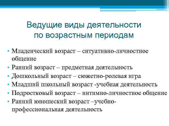 Ведущие виды деятельности по возрастным периодам • Младенческий возраст – ситуативно-личностное общение • Ранний