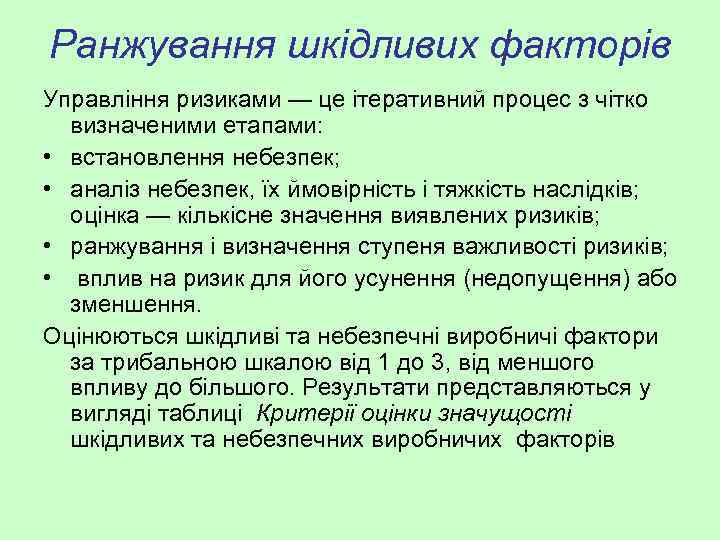 Ранжування шкідливих факторів Управління ризиками — це ітеративний процес з чітко визначеними етапами: •