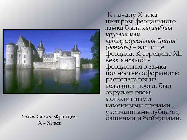 Замок Сюлли. Франция. X – XI век. К началу X века центром феодального замка