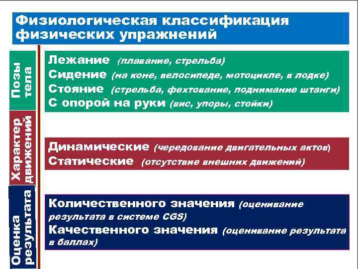 Характер Оценка результата движений Позы тела Физиологическая классификация физических упражнений Лежание (плавание, стрельба) Сидение