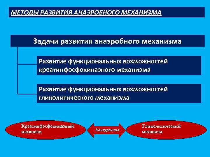 МЕТОДЫ РАЗВИТИЯ АНАЭРОБНОГО МЕХАНИЗМА Задачи развития анаэробного механизма Развитие функциональных возможностей креатинфосфокиназного механизма Развитие