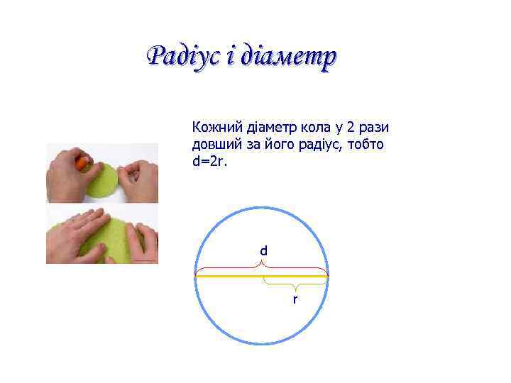 Радіус і діаметр Кожний діаметр кола у 2 рази довший за його радіус, тобто
