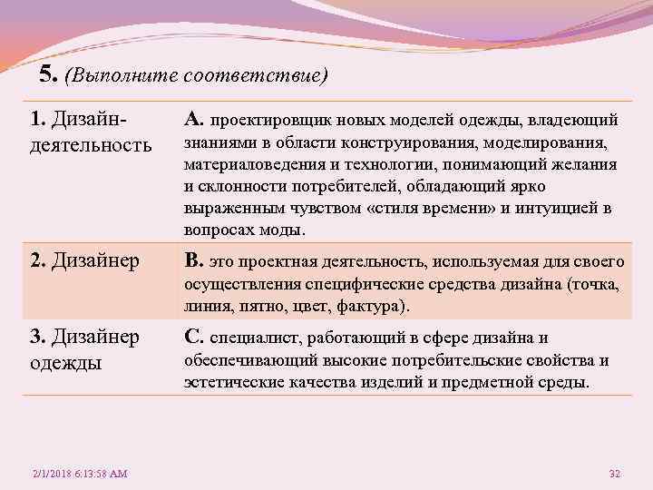 5. (Выполните соответствие) 1. Дизайндеятельность А. проектировщик новых моделей одежды, владеющий 2. Дизайнер В.