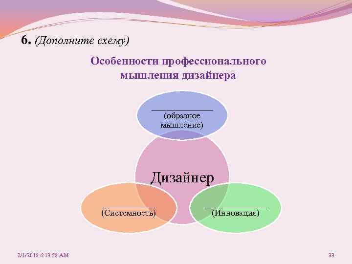 6. (Дополните схему) Особенности профессионального мышления дизайнера _______ (образное мышление) Дизайнер ______ (Системность) 2/1/2018