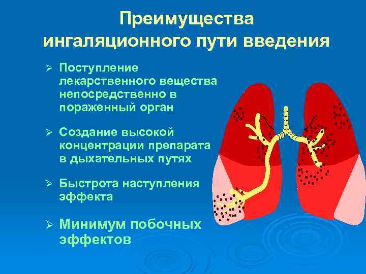 Преимущества ингаляционного пути введения Ø Поступление лекарственного вещества непосредственно в пораженный орган Ø Cоздание