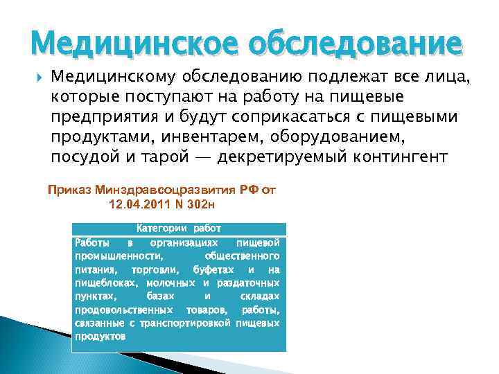 Медицинское обследование Медицинскому обследованию подлежат все лица, которые поступают на работу на пищевые предприятия