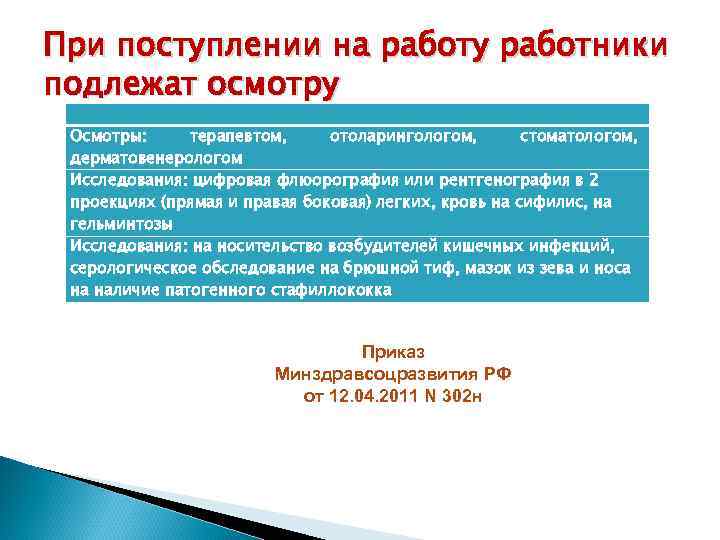 При поступлении на работу работники подлежат осмотру Осмотры: терапевтом, отоларингологом, стоматологом, дерматовенерологом Исследования: цифровая