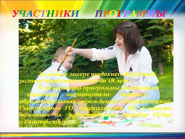 УЧАСТНИКИ ПРОГРАММЫ За лето в лагере отдохнет 825 детей разных возрастов от 6, 6
