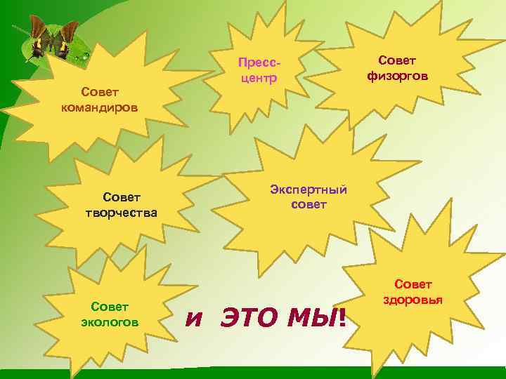 Прессцентр Совет физоргов Совет командиров Совет творчества Совет экологов Экспертный совет и ЭТО МЫ!