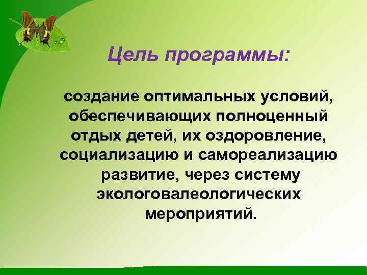 Цель программы: создание оптимальных условий, обеспечивающих полноценный отдых детей, их оздоровление, социализацию и самореализацию