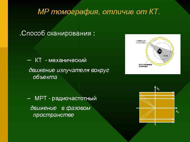 МР томография, отличие от КТ. . Способ сканирования : – КТ - механический движение