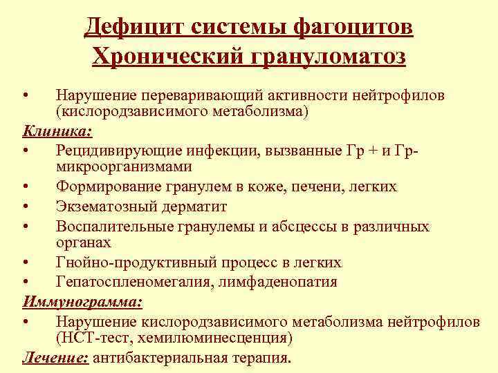 Дефицит системы фагоцитов Хронический грануломатоз • Нарушение переваривающий активности нейтрофилов (кислородзависимого метаболизма) Клиника: •