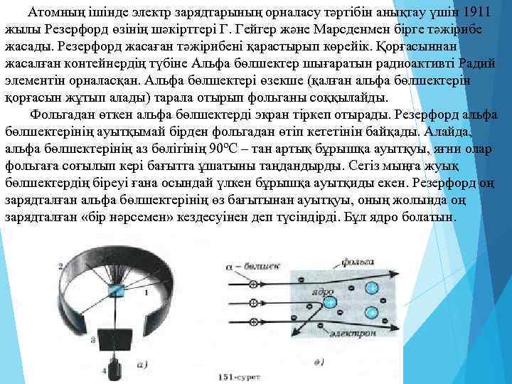  Атомның ішінде электр зарядтарының орналасу тәртібін анықтау үшін 1911 жылы Резерфорд өзінің шәкірттері