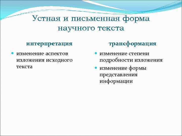 Устная и письменная форма научного текста интерпретация изменение аспектов изложения исходного текста трансформация изменение