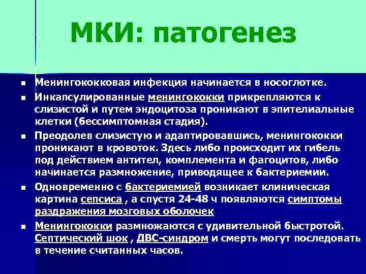 МКИ: патогенез n n n Менингококковая инфекция начинается в носоглотке. Инкапсулированные менингококки прикрепляются к